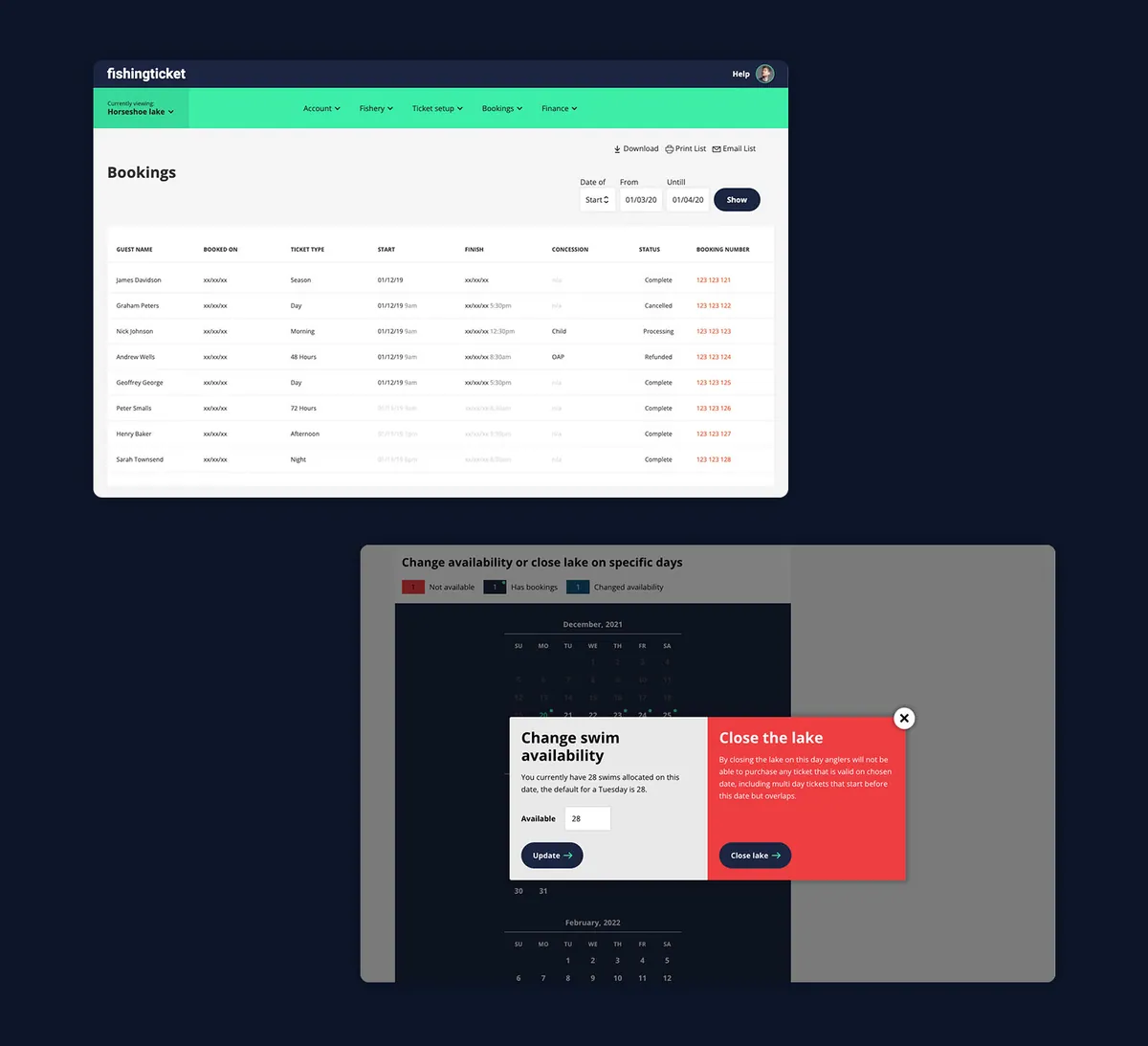 fishingticket.com back end designs on tablet