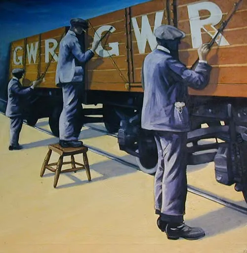 painting of rail workers at GWR painting a carriage
